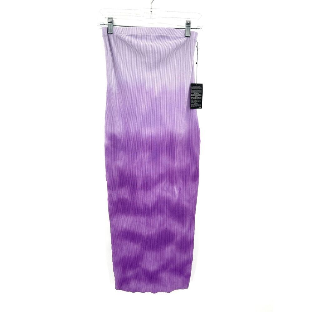 NWT FOREVER 21 Purple Tie Dye Dip Strapless Ribbed Bodycon Midi Dress Size Large